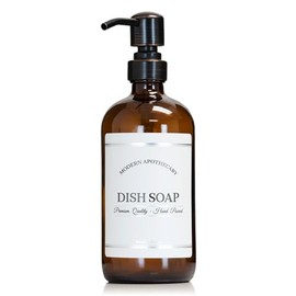 Artanis Home Amber Refillable Dish Soap Dispenser with Oil Rubbed Bronze Pump for Kitchen Sink - Glass Boston Round Dish Detergent Bottle - Waterproof Label - 16 oz