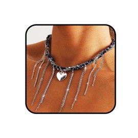 Flimire Heart Chunky Choker Necklace for Women Y2K Layered Rhinestone Necklaces Goth Irregular Tassel Necklaces Jewelry Gift, one size, Metal, No Gemstone