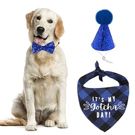 URROMA 3 PCS Birthday Dog Bandana Hat Bow Tie Set, Pet Gotcha Bandana Collar Dog Triangle Bibs Scarf Bowtie Collar with C1 Dog Birthday Hat Gift and Party Decoration Set, Blue