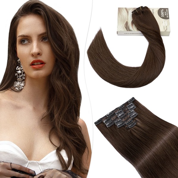 SEGO Real Hair Clip-In Hair Extensions, 100% Remy Hair, 7 Wefts 120 g Natural 22 inches / 55 cm, 120 g, Medium Brown #4