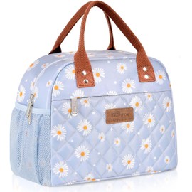 HOMESPON Insulated Lunch Bag for Women Men Adults Lunch Tote with Front Pocket Lunch Box Container Cooler Bag for Work Picnic (Blue daisy with Side Pockets)