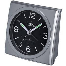 PRIM Radio Alarm Clock with Smooth Flow, Plastic Alarm Clock, Silver & Black, Alarm Amplifier, Repeat Alarm, Light Function, Quartz Movement, Precise and Quiet Operation, Small/Normal