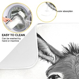 Black White Donkey Flowers Wooden Dish Drying Mat for Kitchen Counter Absorbent Reversible Microfiber Drying Pad Countertop Drainer Mats, Small 16 x 18 inch