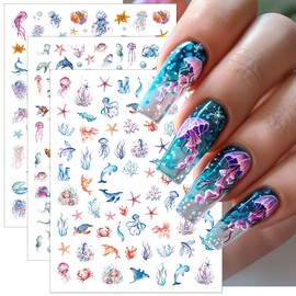 8 Sheets Sea Summer Nail Stickers for Women, 3D Shell Jellyfish Seashell Starfish Conches Ocean Stickers for Nails Supplies Tropical Beach Nail Decals Self-Adhesive Sticker Fingernail Decorations