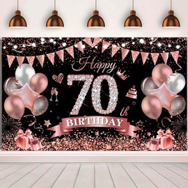 Yontree Happy 70th Birthday Banner 180 * 110cm Black Rose Happy 70th Birthday Banner Backdrop 70th Birthday Decorations for Girls Women, 70 Years Old Birthday Anniversary Party Supplies