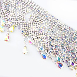 1 Yard Rhinestone Fringe Trim, Teardrop Crystal Fringe for Wedding Dress Decor, DIY Sewing, Dance Costume, Multi-Color Rhinestone Chain (Silver AB-Teardrop Fringe Trim)