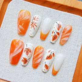 30Pcs Fall Maple Leaf Press on Nails Medium Coffin Fake Nails with 3D Designs Autumn Leaves False Nails Orange Gradient Glossy Stick on Nail Thanksgiving Glue on Nail for Women Manicure