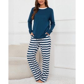 Atxnn Womens Pyjamas Set Cotton Nightwear Round Neck Soft Pjs Striped Pants with Pockets Drawstring Loungewear Comfy for Autumn Winter Spring, NAVYBLUE S