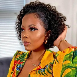 Vlike Peluca De Cabello Humano Brasileño Con Rizos Cortos Y Frontal De Encaje 13X1 Para Mujer, Transparente, Para Usar En Mojado Y Ondulado.