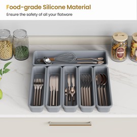 6 Pack Silicone Drawer Organizer for Kitchen, DIY Free Combination Silverware Organizer, Utensil Drawer Organizer, Moisture-proof and Heat-resistant up to 200°C, Anti-slip and Environmentally (Grey)