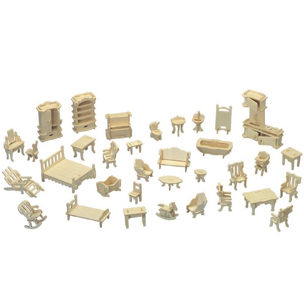 CUTEROOM Dollhouse Furniture - Laser Cut Wooden 3D Puzzle Miniature Doll House Kit House Furniture Set - 34 Pieces