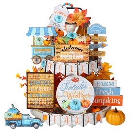 Bucherry 22 Pcs Fall Tiered Tray Decor Thanksgiving Tiered Tray Decorations Set Rustic Farmhouse Pumpkin Truck Blocks Autumn Wooden Sign for Fall Home Table Harvest Decor