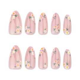 Spring Press on Nails Almond Shape False Nails with Small Flower Designs Glue on Nails Daisy Floral False Nails Full Cover Aritificial Acrylic Nails Medium Glossy Pink Stick on Nails for Women 24Pcs