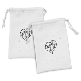 Ambesonne Romantic Fabric Pouch Set of 2, You Are Loved Hand Drawn Style Phrase in a Heart Shape with Stars and Little Dots, Small Drawstring Bag for Toiletries Masks and Favors, 9" x 6", Black White
