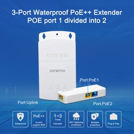 CONETCH 3 Port Outdoor PoE Extender | 1 in 2 Out | 1 PoE + Port, 1 PoE++ 60W Port, 1 Uplink Port | IEEE802.3af/at/bt | IP65 wasserdicht | 10/100 Mbps adaptiv | AI Watchdog | Plug & Play