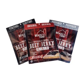 Wenzel's Farm Beef Jerky Variety Pack - Includes Original, Teriyaki, and Peppered Beef Jerky - Naturally Smoked - No MSG - No Artificial Colors, Gluten Free - Pack of 3, 3 Oz Bags
