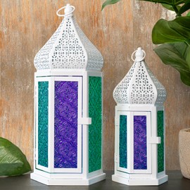 Yongmao Vintage Large Decorative Candle White Metal Moroccan Lantern 16 inch 12 inch 2Pcs Ramadan Lamp Lantern Decorative Candle Holder for Indoor Outdoor Home Christmas Decor