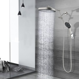 PDPBath 14 Inch Rain Shower Head with 5+1 Settings Handheld Spray Combo, High Pressure Rainfall Shower Head with 16'' Adjustable Extension Arm, 79" Extra Long Hose, 3-Way Diverter, Brushed Nickel