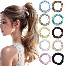 Nothstein 10 Pcs Small Satin Hair Ties No Damage for Women Thick Thin Hair, Small Satin Scrunchies Hair Ties Skinny Hair Elastic Bands Ponytail Holders for Women Hair Accessories (Light Colors)