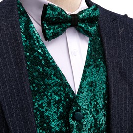 Barry.Wang Mens Dark Green Sequins Vest Formal/Leisure V-neck Shiny Waistcoat Bowtie Set Prom Party Tuxedo