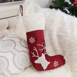 Homey COZY 20" Christmas Stocking,Red and White Deer Head Large Embroidered Velvet Classic Xmas Sock Holiday Decoration Gift 13x20