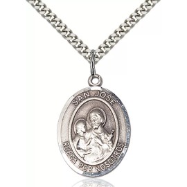 Bliss Sterling Silver San Jose Holy Medal Pendant Necklace 24" Chain Boxed PrayerCard
