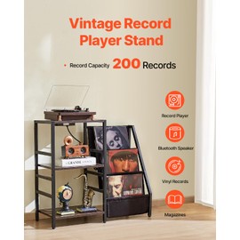 Happybuy Record Player Stand, with Charging Station & USB Ports, Holds up to 200 Albums, 3-Tier Turntable Stand with Vinyl Record Storage, Record Player Table with Display Shelf