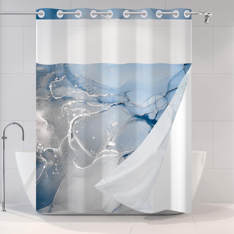 AWERT No Hook Shower Curtain with Snap in Liner Blue