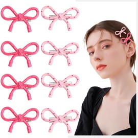 PLwelth 8Pcs Small Bow Hair Clips for Women Girls Cute Mini Bowknot Ribbon Barrettes Kawaii Wave Point Bow Hair Clips for Thick Thin Hair Pink Hairpins Fashion Hair Accessories for Party Daily Decor