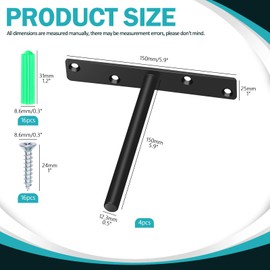 Cimeton 4Pack 6” Black Heavy Duty Floating Shelf Bracket Including Screws and Plastic Anchors, Hidden Shelf Brackets for Floating Wood Shelves, Blind Shelf Supports for Home and Office Decor