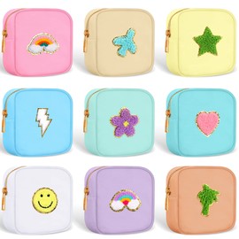 Sumind 9 Pieces Nylon Mini Preppy Makeup Bag Chenille Letter Cosmetic Bag Travel Small Makeup Pouch Bag Toiletry Bag with Zipper for Women Girls Kids, 9 Colors