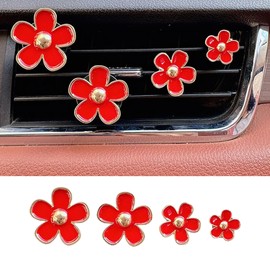 Honibaoto 4PCS Car Daisy Flower Air Vent Clip, Cute Auto Outlet Air Conditioning Clip, Sweet Girly Vehicle Fresheners Gift for Women Girls, Car Interior Decor Universal Fit (Red, Vanilla)