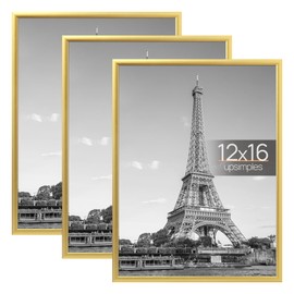 upsimples 12x16 Picture Frame Gold 3 Pack, Scratch-Proof Poster Frames 12 x 16 for Photo Gallery - Slide-In Strips, Horizontal or Vertical Wall Mounting