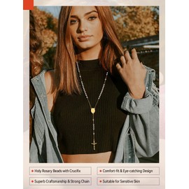 FaithHeart Rosary Necklace, Crucifix for Women, Car Rosary Necklace with Picture of Mary, Christopher, Michael, Catholic Rosary, God’s Eye Chain as Gifts, Silver