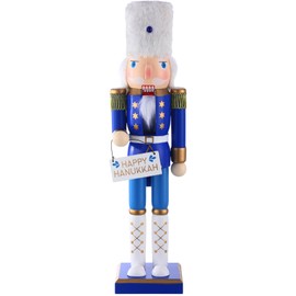 Blosssound Happy Hanukkah Nutcrackers Decorations Wooden Nutcracker Ornament Jewish Blue and White Nutcracker Figures Soldier Table Decor Hanukkah Party Favors 16" (Happy Hanukkah)