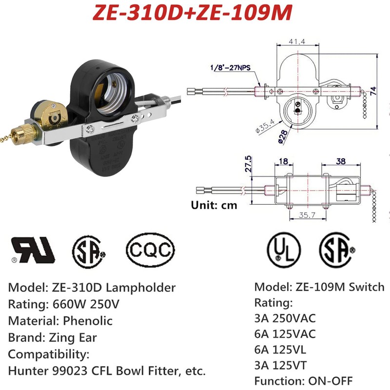 Ceiling Fan Switch ZE-310D Light Socket Pull Chain Switch, Compatible