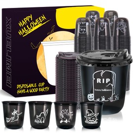 Xuelimei 12oz Halloween Disposable Plastic Cups With Strawless Sip Lids-Happy Halloween Disposable Clear Cups with 5 Styles for Party Supplies，Coffee, Beer, Drinks, Ice Cream, Snacks (100)