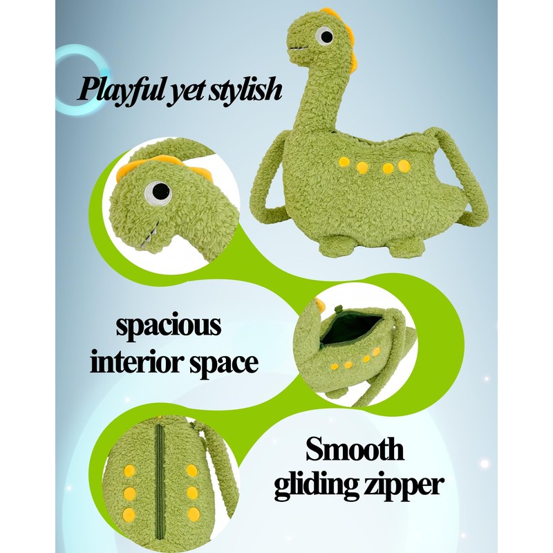 LHTWLF Cute Dinosaur DesignPlush Backpack，with Zipper Shoulder Bag，Unique Novelty Fun