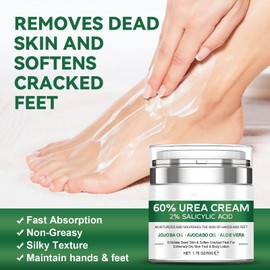 Krmspe 60% Urea Cream plus 2% Salicylic Acid, Urea Cream 60 Percent for Feet & Hands Maximum Strength Moisturizer for Rough, Dry, Thick & Cracked Skin, Exfoliates Dead Smoothing Skin 1.76 Oz