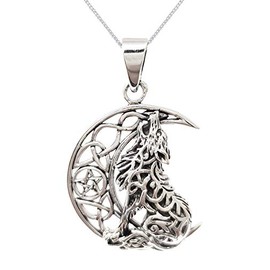 Treasure Bay 925 Sterling Silver Moon and Wolf Symbol Pendant on chain, Pendant for Women