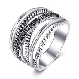 Shefashion Women's Vintage Oxidized Silver Crossover Statement Rings Wide Band Ring Size 8