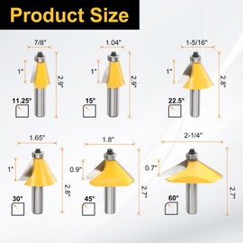 sourcing map 6pcs Chamfer Router Bit Set 1/4" Shank 11.25, 15, 22.5, 30, 45, 60 Degree Cutting Angle Carbide Wood Router Bits for Woodworking, Yellow