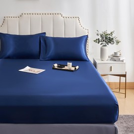 JHCHMX Satin Navy Blue Fitted Sheets Double Bed,Deep Pocket Soft Bed Sheet,Brushed Microfiber& Wrinkle Resistant Fitted Bed Sheet,Navy Blue Double 135x190cm