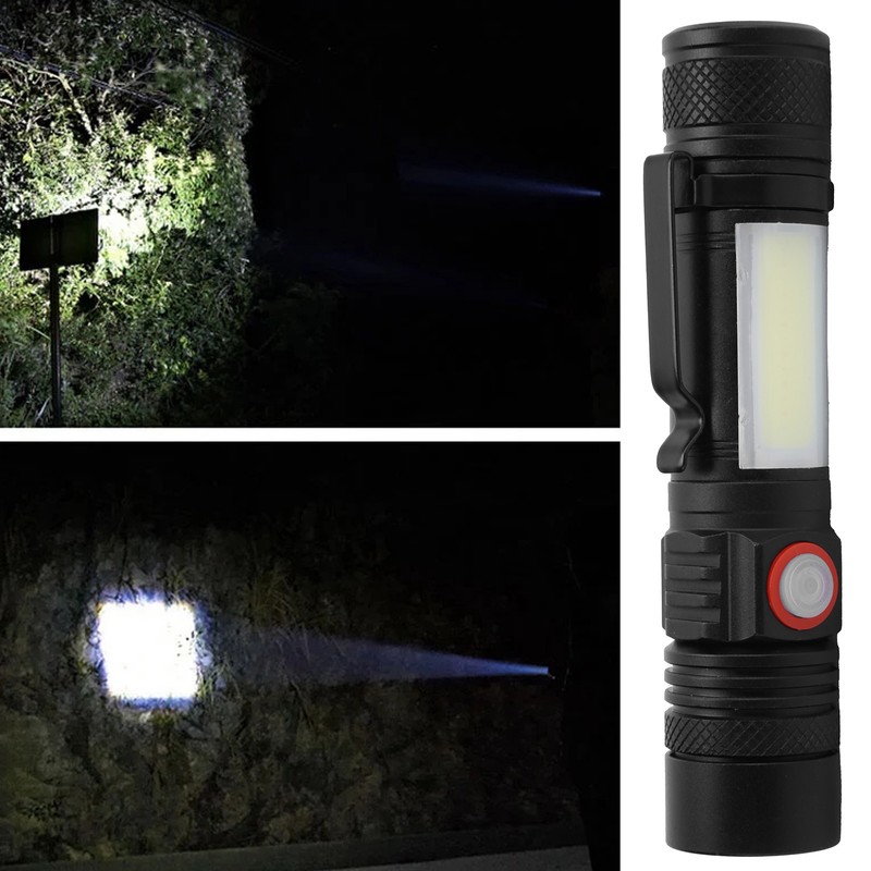 T6+COB Electric Torch Telescopic Zoom Powerful Flashlight Dual Light Sources