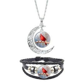 Cardinal Necklace Bracelet for Women Men Animal Bird Pendant Necklace Charm Red Cardinal Bracelet Necklace Memorial Jewelry Gift 2Pcs