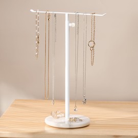 Josmimic Jewelry Stand Necklace Holder, Adjustable White Metal Organizer for Long Necklaces, Extends from 10.2 to 18.7 Inches, Sturdy Marble Base, Ideal for Sweater Chains and Jewelry Storage