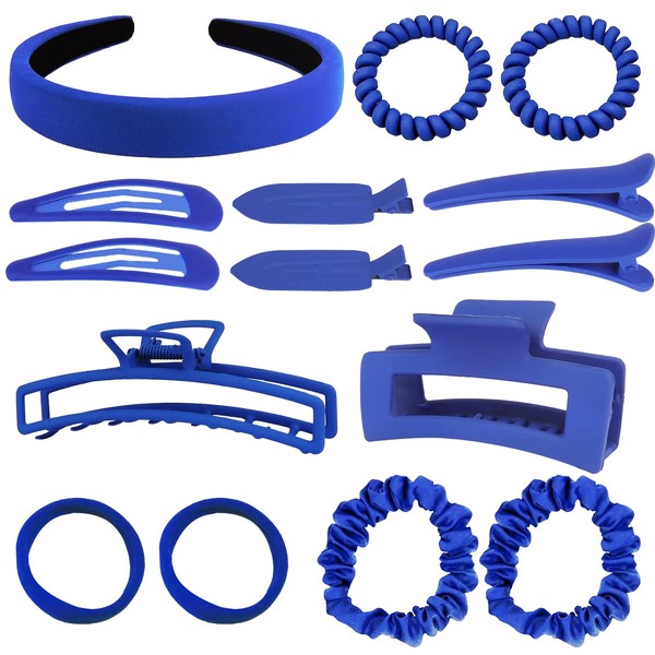 Blue Hair accessories set Metal Claws Scrunchy Alligator Snap Clips Ties Bobby Pins Bangs Sticker Headband Hoop Jaw Big Middle Small Mini Size Multi Shape Light Weight Matte Rubber Surface NoSlip Strong Hold Thick Thin Bridge