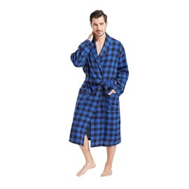 FashGudim Mens Buffalo Plaid Robe Cotton Flannel Shawl Collar Bathrobe Lightweight Kimono Loungewear Sleepwear (Black & Blue, 4XL)