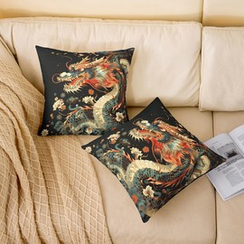 Watercolor Dragon Pillow Covers Chinese Style Pillow Cases Retro Tradition Theme Cushion Cover for Livng Room Dragon Pattern Pillowcase 18x18 Inch,Set of 2