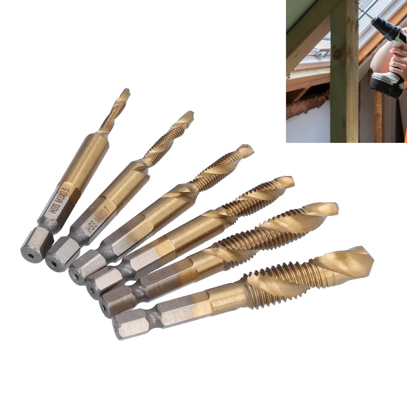 6Pcs Combination Drill Tap Bit 1/4in Hex Shank Spiral Tapping